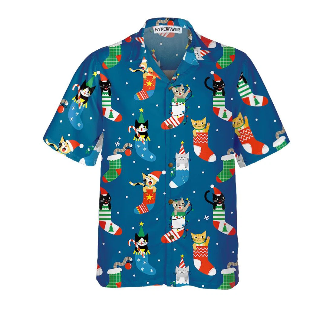 Personalized Cute Cats In Christmas Socks Christmas Cat Best Christmas Gift Hawaiian Shirt, Button Up Aloha Shirt For Men, Women