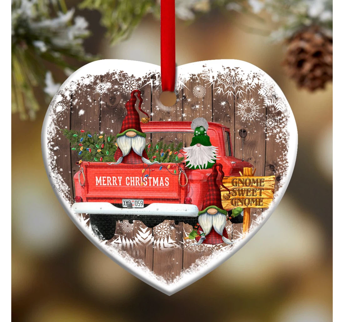 Gnome Red Truck Christmas Thaz2210001z Heart Ornament MDF Ornament