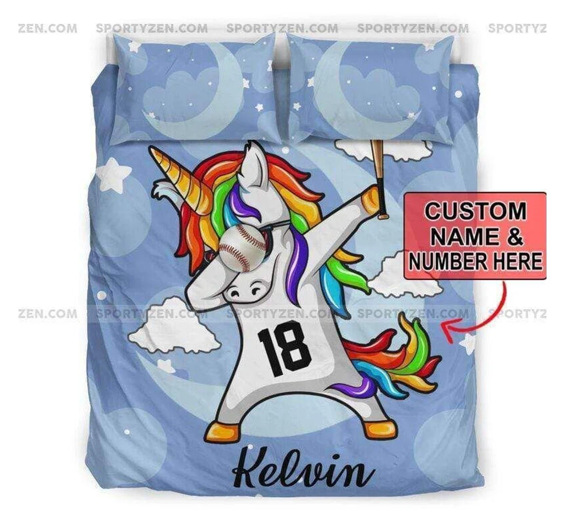 Personalized Bedding Set - Custom Baseball Unicorn Dabbing Your Name Number Included 1 Ultra Soft Duvet Cover or Quilt and 2 Lightweight Breathe Pillowcases