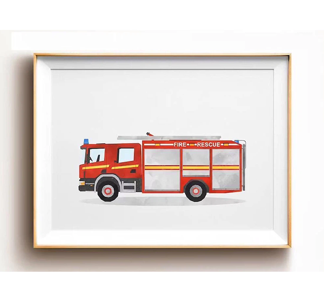 Poster, Canvas - Firetruck, Fire Rescue, Firefighter Truck, Decor, Son Birthday Print Framed Wall Art