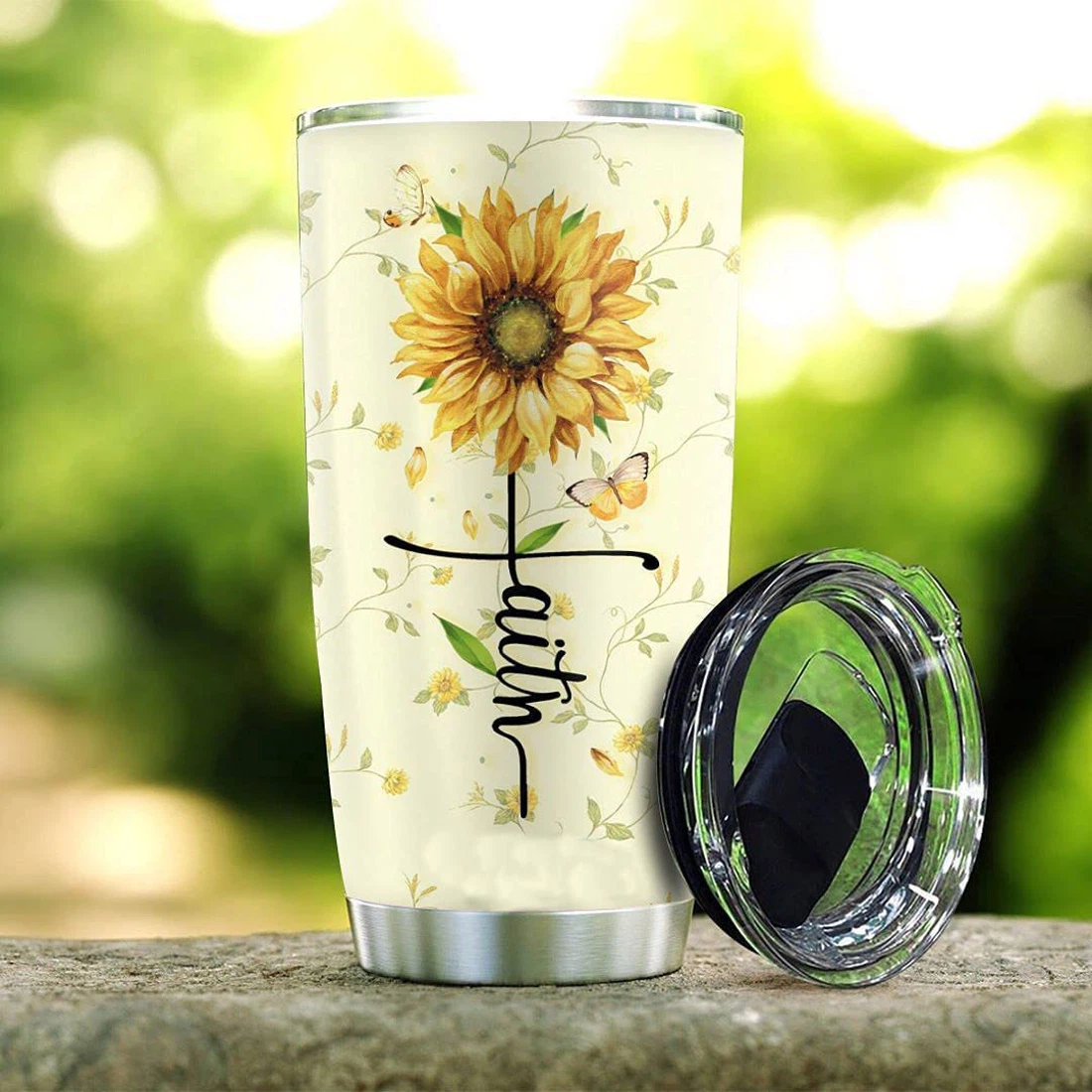 Personalized Tumblers 20oz With Lid - Faith Sunflower Tumbler Cup with Lid,  Travel Coffee Mug