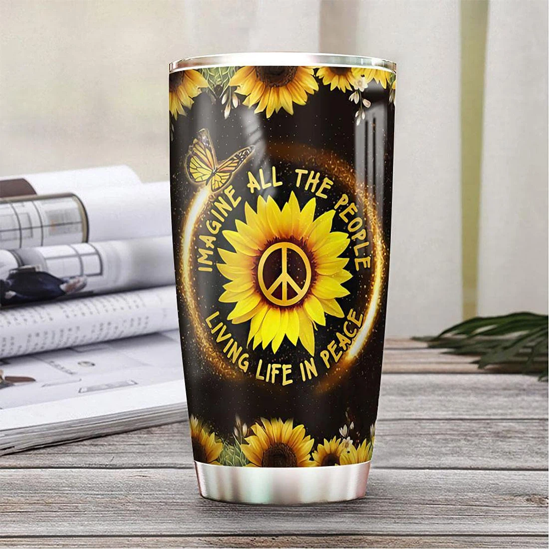 Hippie Sunflower Tumbler Cup with Lid, Tumblers 20oz,  Travel Coffee Mug