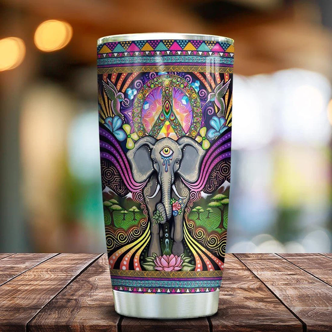 Personalized Tumblers 20oz, 30oz With Lid - Elephant Doodle Hippie Tumbler Cup with Lid,  Travel Coffee Mug ZDT1511