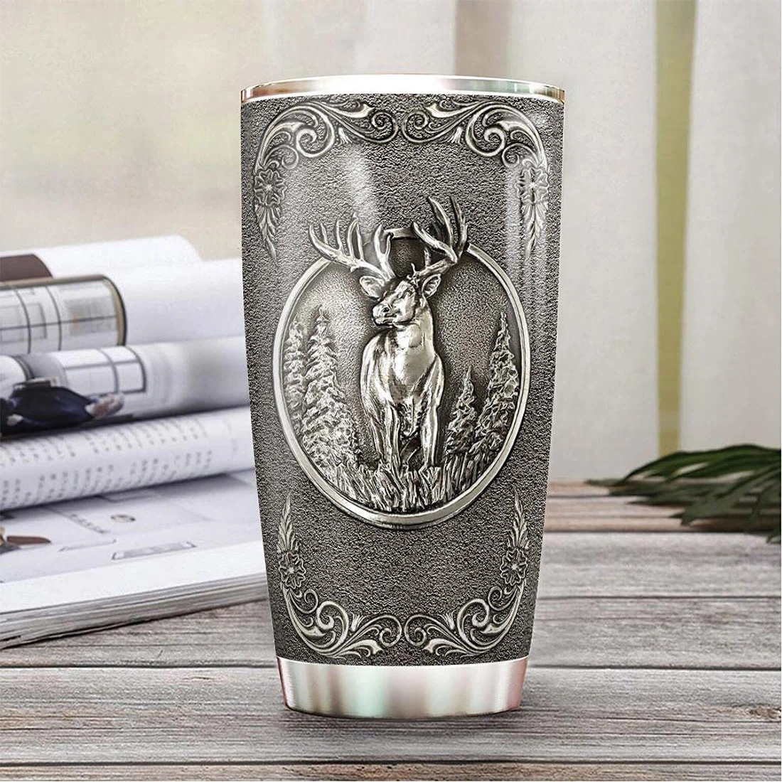 Personalized Silver Style Deer Tumbler Cup with Lid, Tumblers 20oz  Travel Coffee Mug