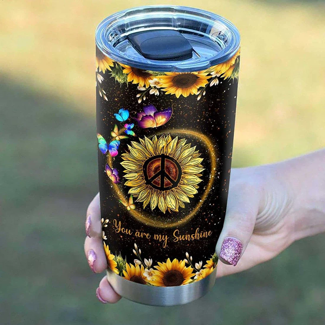 Personalized Butterfly My Sunshine Sunflower Tumbler Cup with Lid, Tumblers 20oz  Travel Coffee Mug