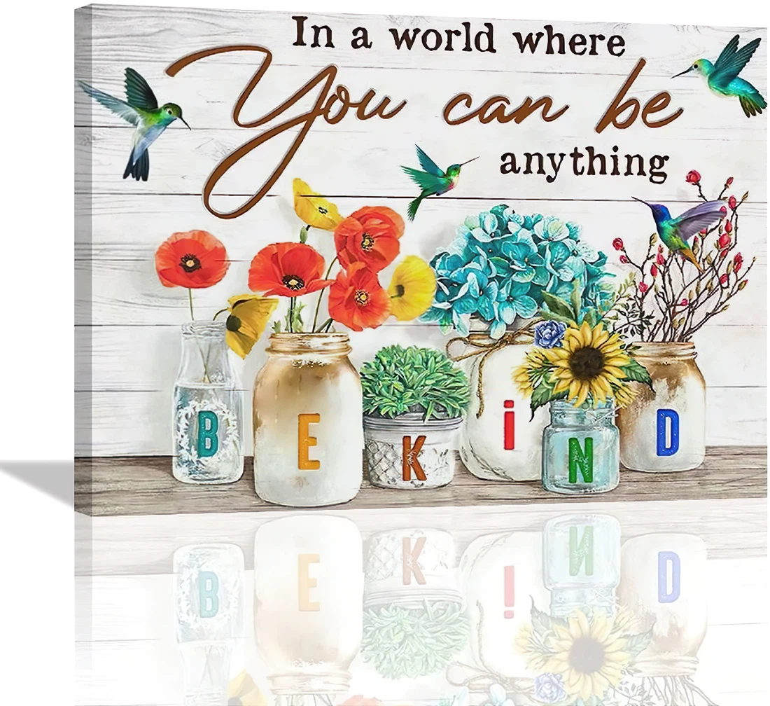 Framed Canvas - In A World Where You Can Be Anything Teal Hummingbird Flowers Quotes - Wall Art, Poster