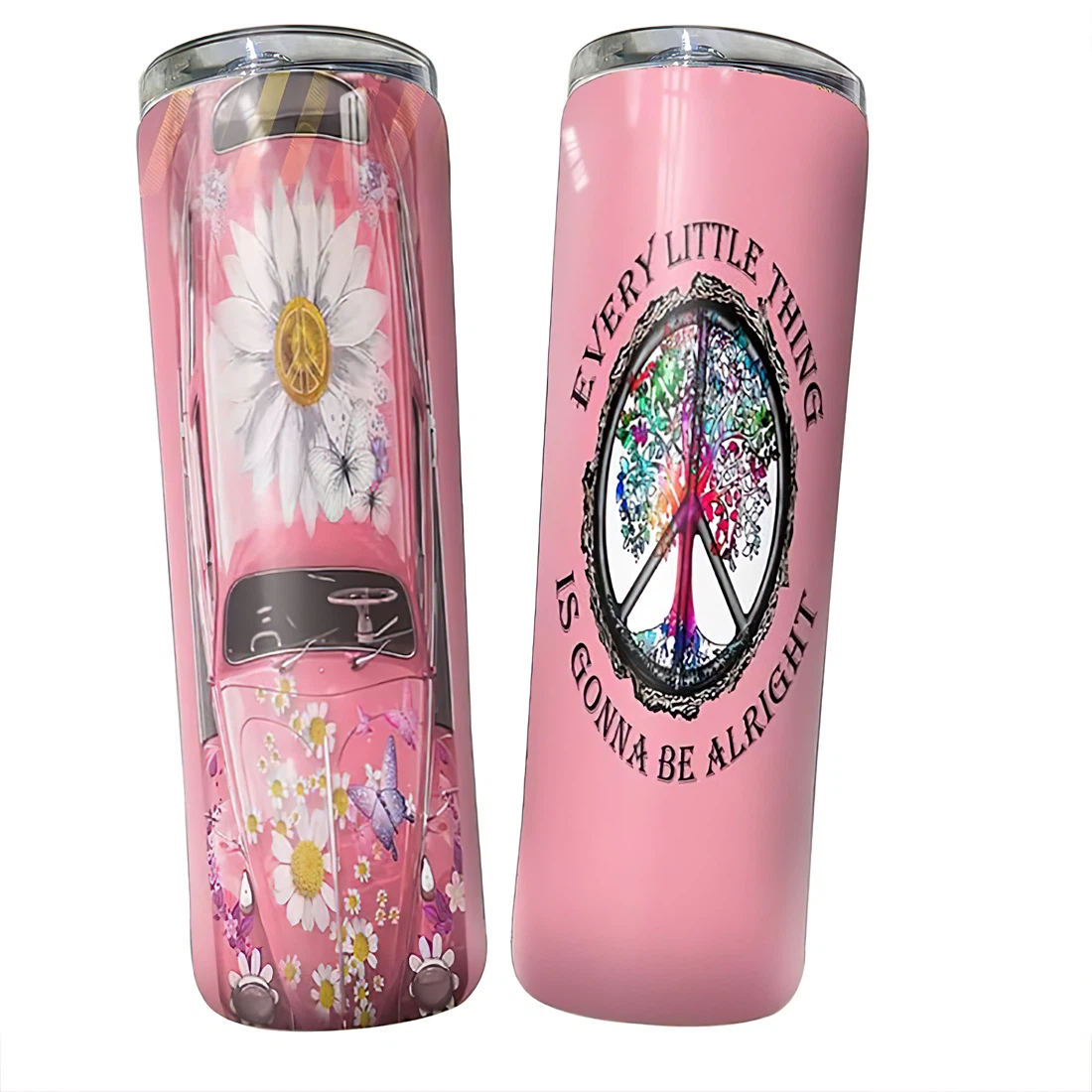 Personalized Name Hippie Pink Every Little Thing Is Gonna Be Alright Tumbler 17oz With Lid And Straw