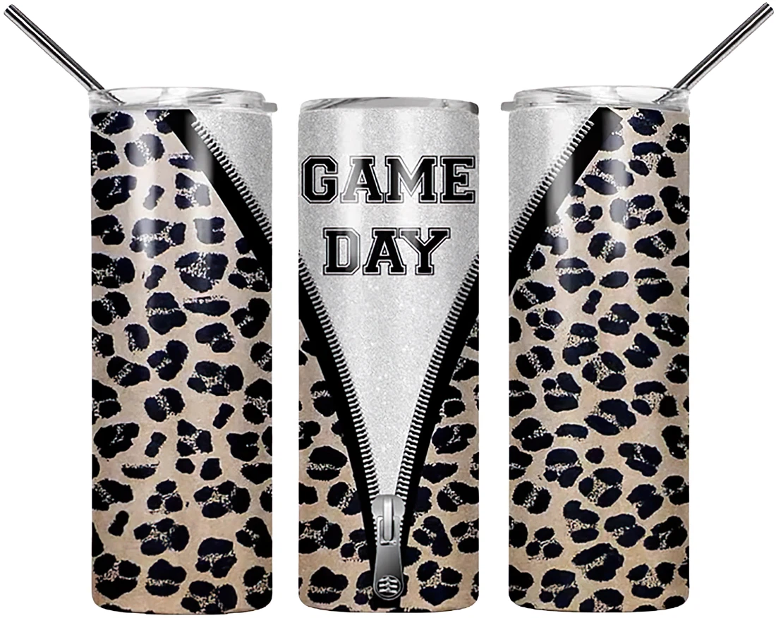 Personalized Name Game Day Cheetah Tumbler 17oz With Lid And Straw