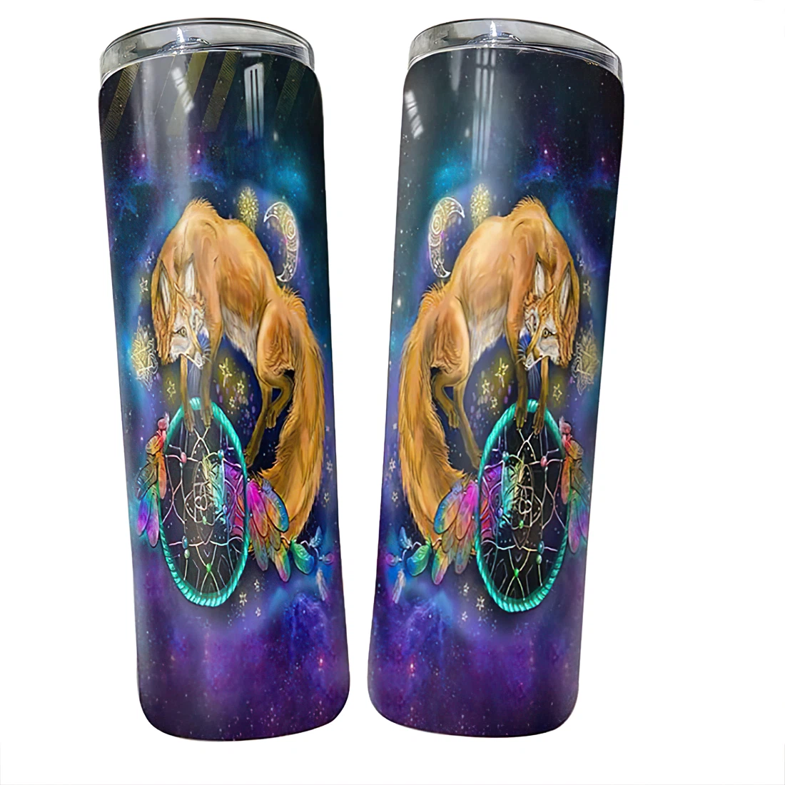 Personalized Name Galaxy Dreamcatcher Fox Tumbler 17oz With Lid And Straw