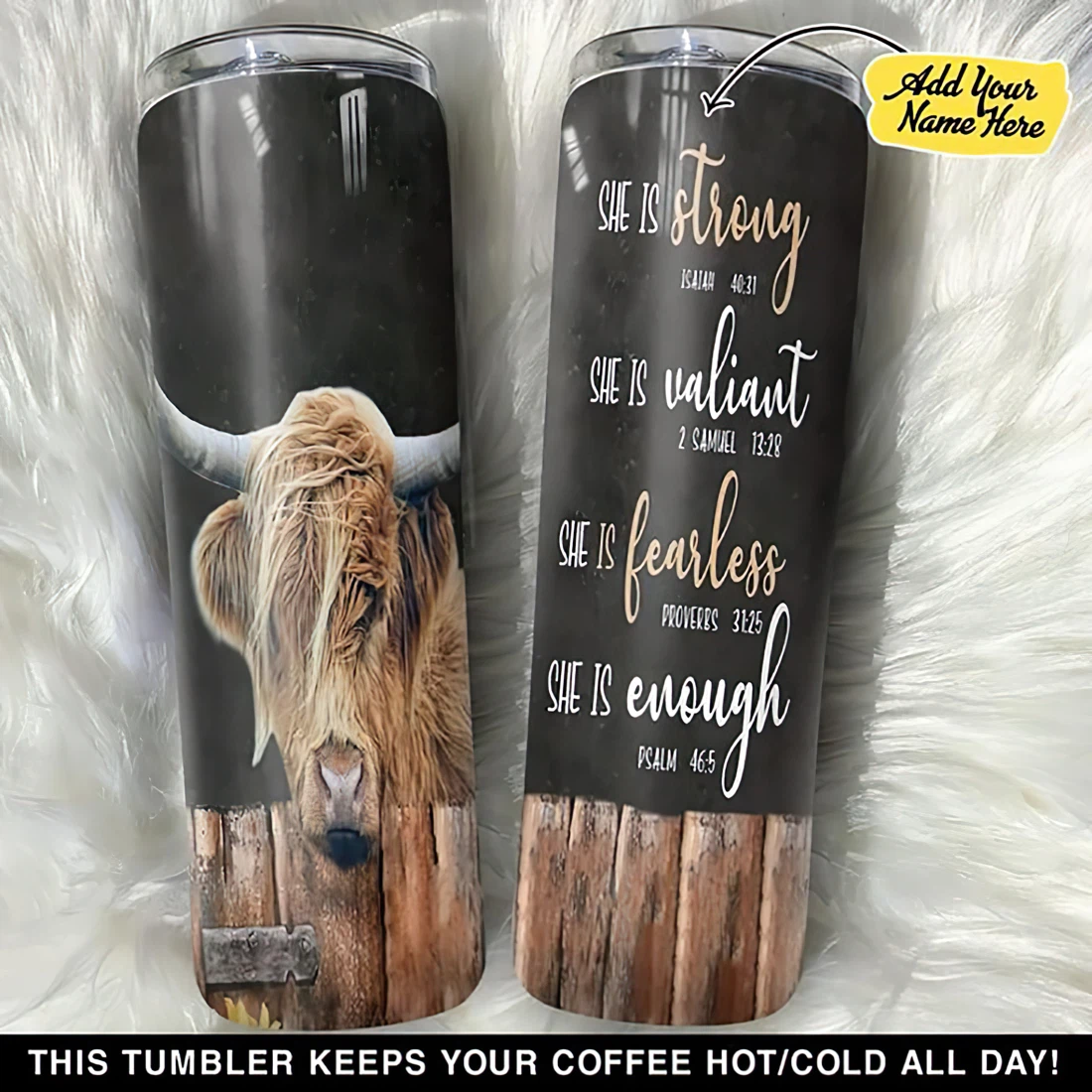 Personalized Name Highland Cow She Is Strong She Is Valiant Tumbler 17oz With Lid And Straw