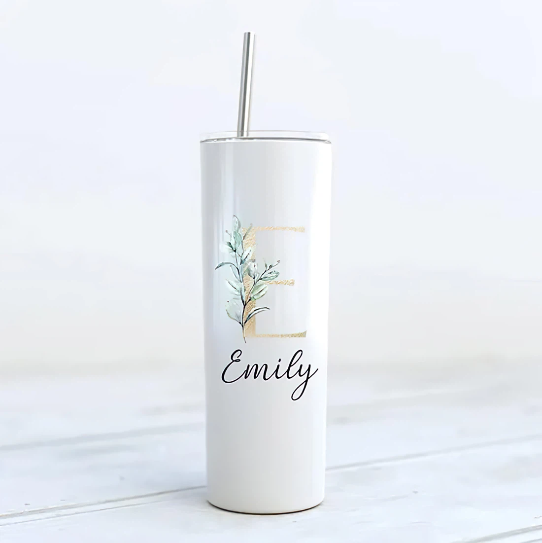 Personalized Name Monogram Eucalyptus  Tumbler 17oz With Lid And Straw