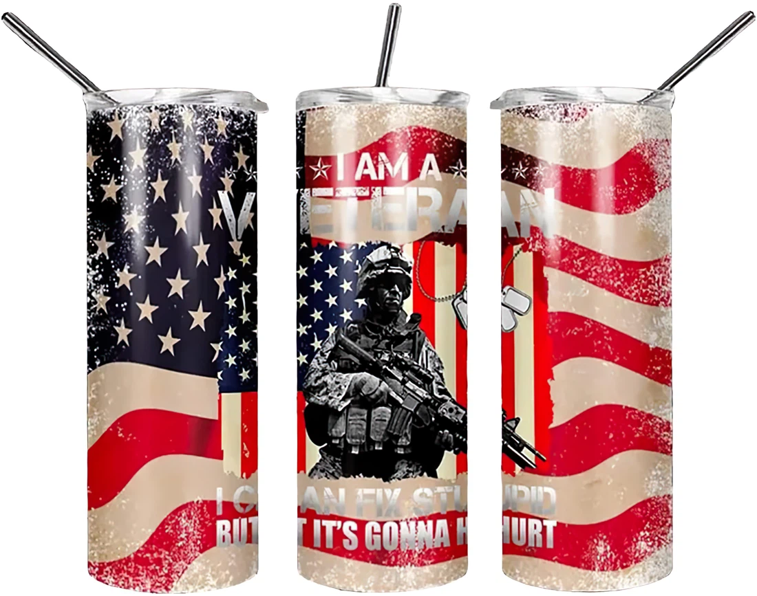 Personalized Name I Am A Veteran I Can Fix Stupid American Flag  Tumbler 17oz With Lid And Straw