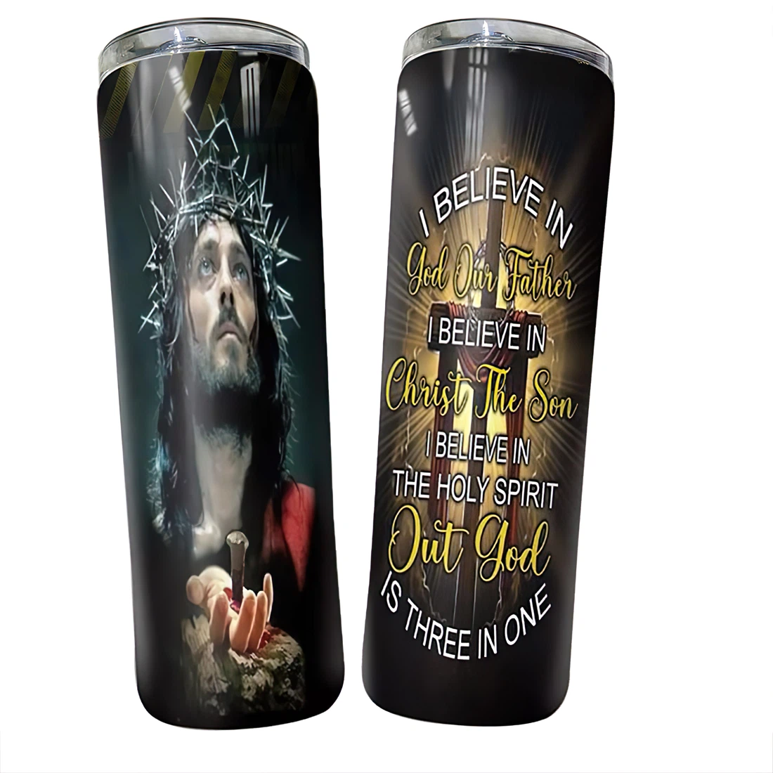 Personalized Name Jesus I Believe In God Our Father  Tumbler 17oz With Lid And Straw