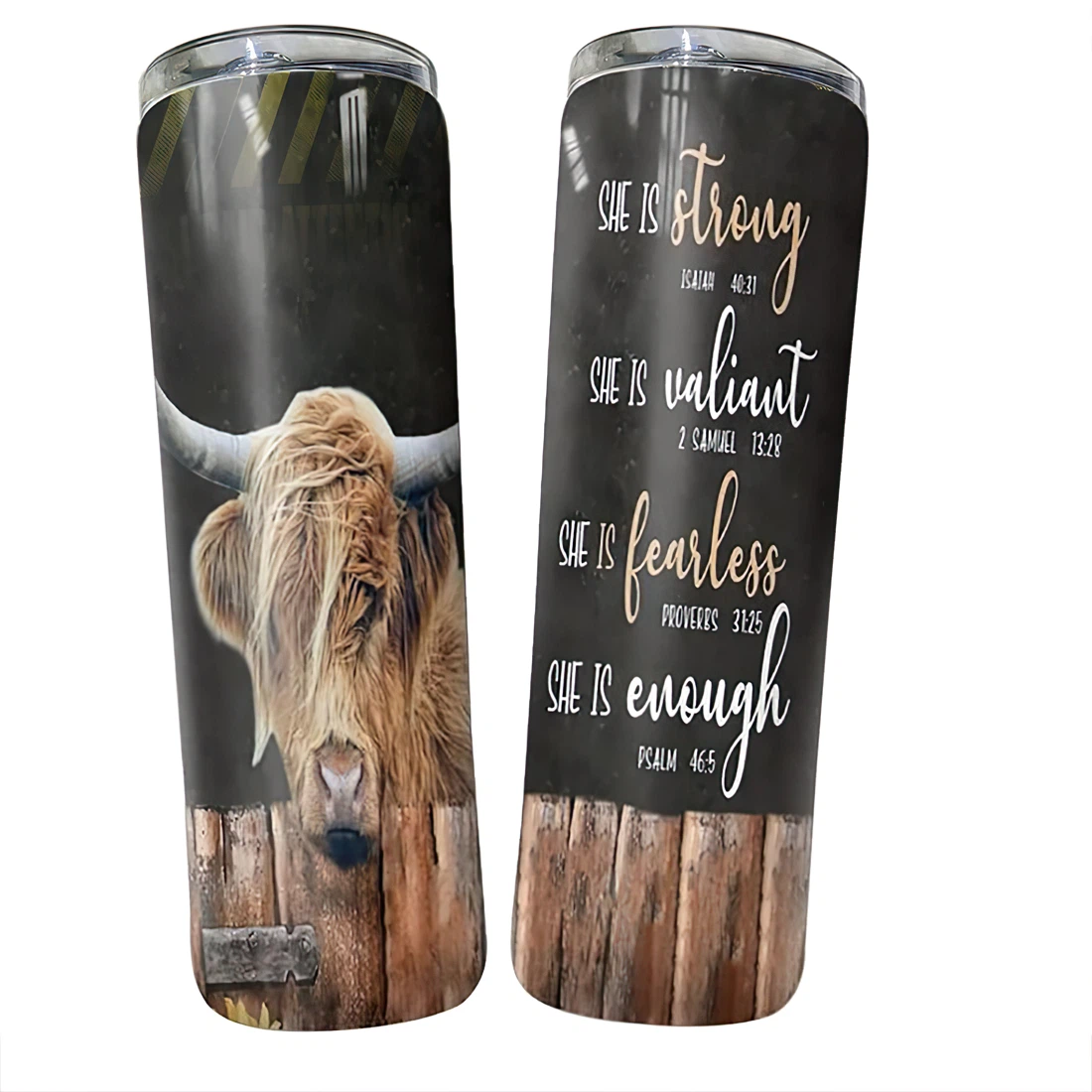Personalized Name Highland Cow She Is Strong She Is Valiant Tumbler 17oz With Lid And Straw