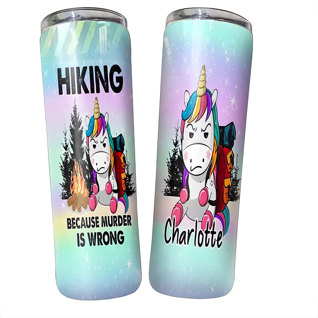 Personalized Name Hiking Because Murder Is Wrong Unicorn  Tumbler 17oz With Lid And Straw