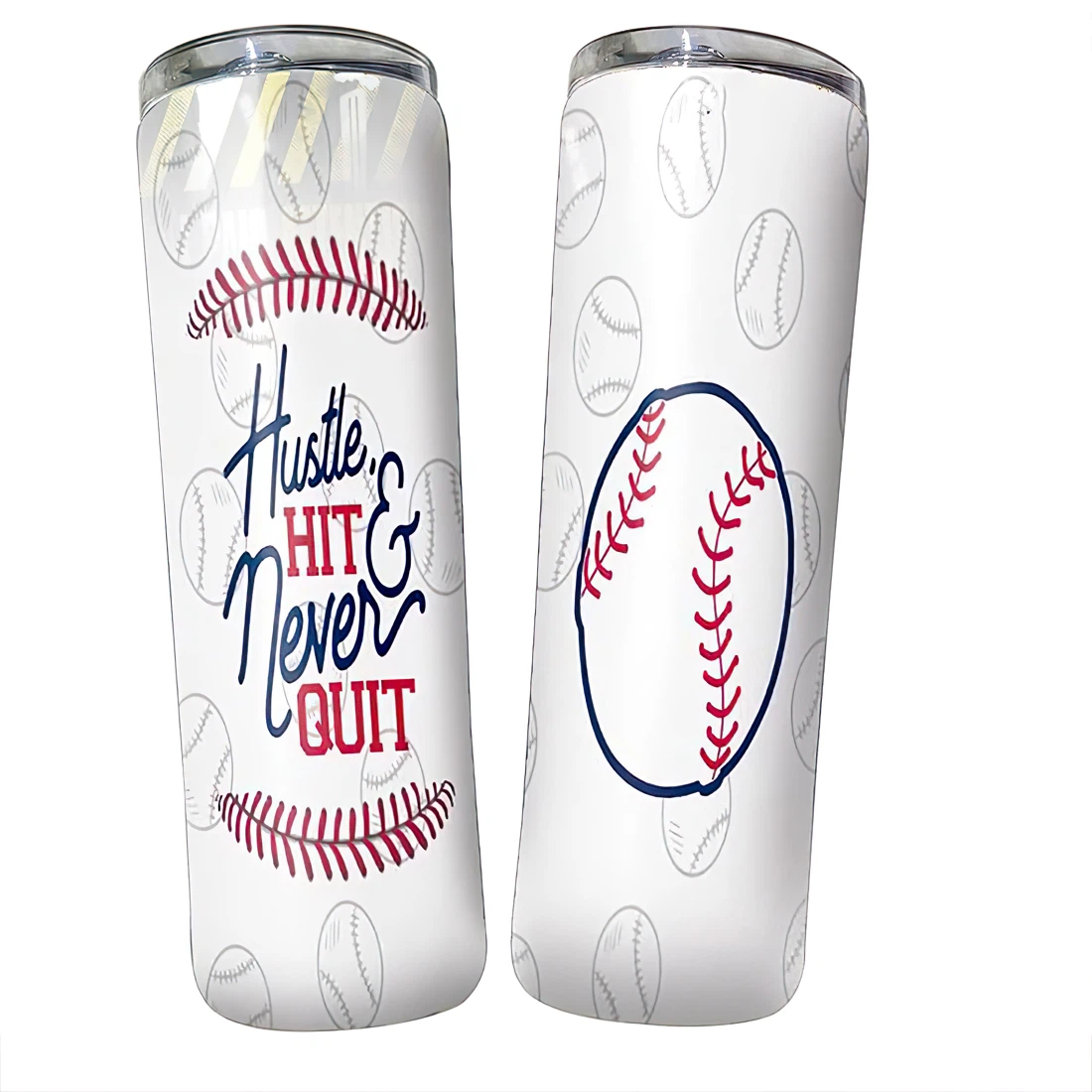 Personalized Name Hustle Hit And Never Quit Baseball Tumbler 17oz With Lid And Straw