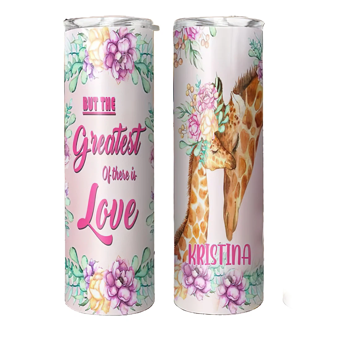 Personalized Name Giraffe Mom And Baby With Flower  Tumbler 17oz With Lid And Straw