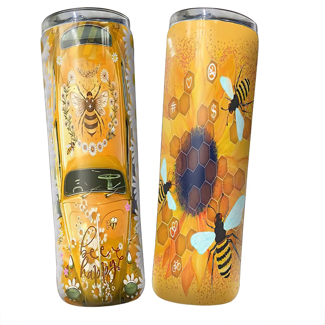 Personalized Name Hippie Bee Happy  Tumbler 17oz With Lid And Straw