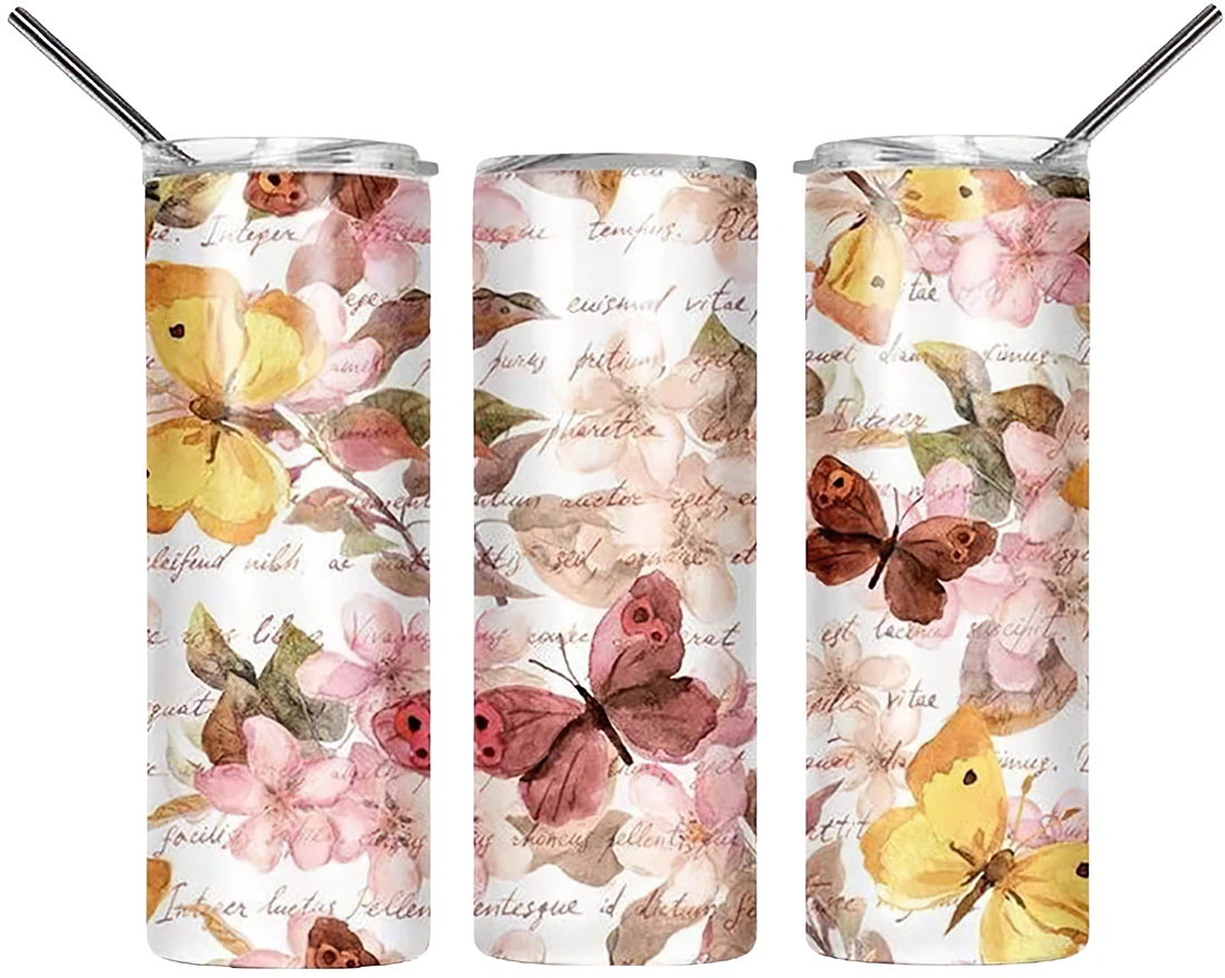 Personalized Name Floral Fall Butterfly  Tumbler 17oz With Lid And Straw