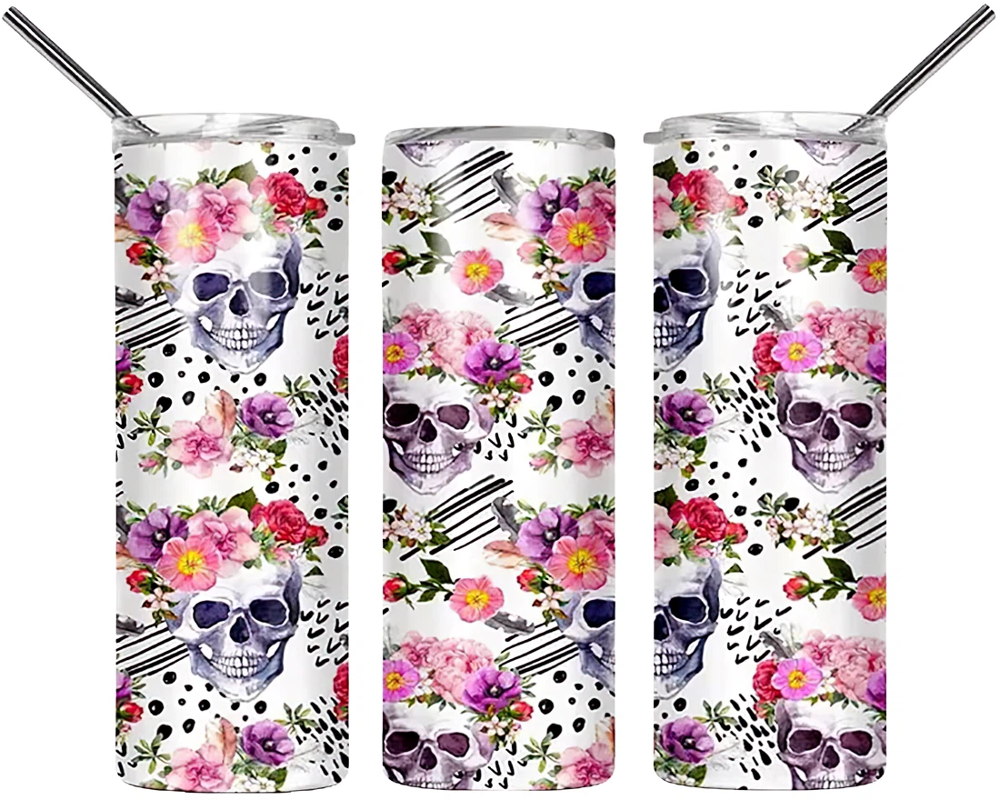 Personalized Name Floral Skull Design Beautifu Tumbler 17oz With Lid And Straw