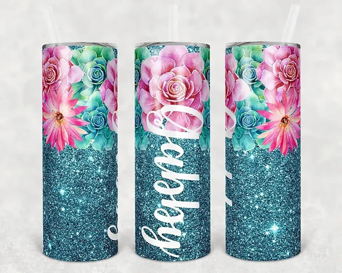 Personalized Name Flower Beautiful Blue Glitter  Tumbler 17oz With Lid And Straw