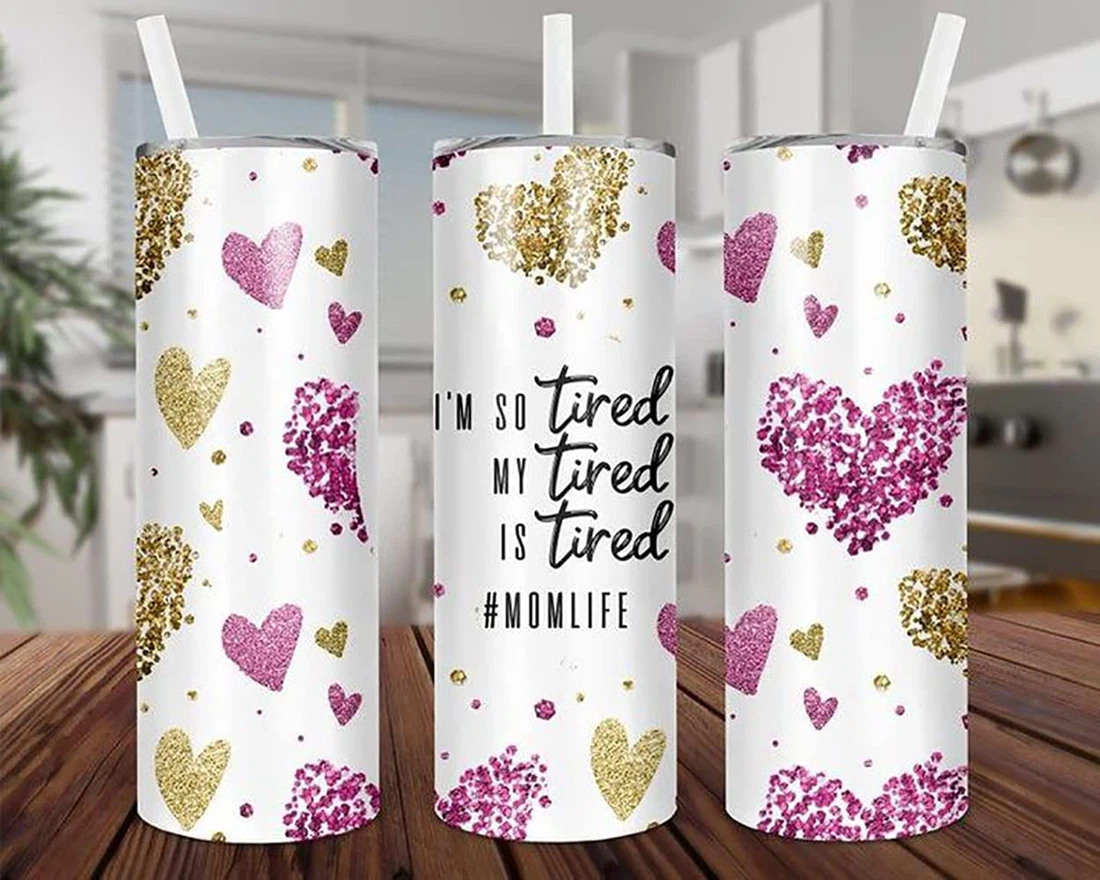 Personalized Name Tired Mom Life Heart Glitter  Tumbler 17oz With Lid And Straw