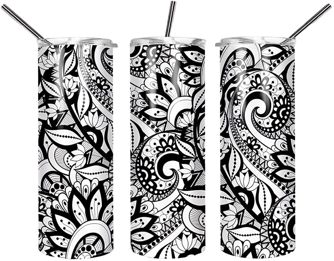 Personalized Name Black And White Floral Pattern  Tumbler 17oz With Lid And Straw