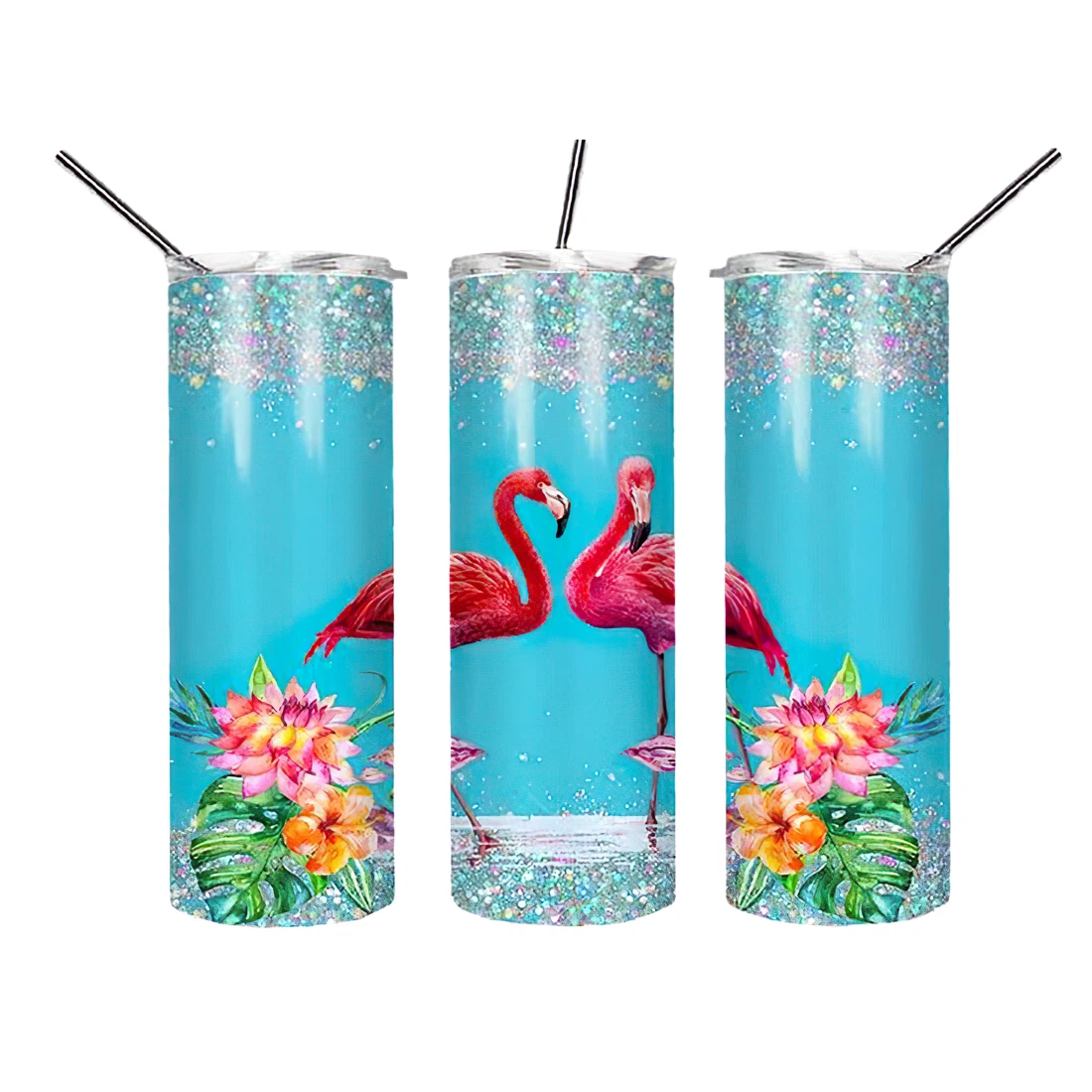 Personalized Name Flamingo Flower Summer Glitter  Tumbler 17oz With Lid And Straw