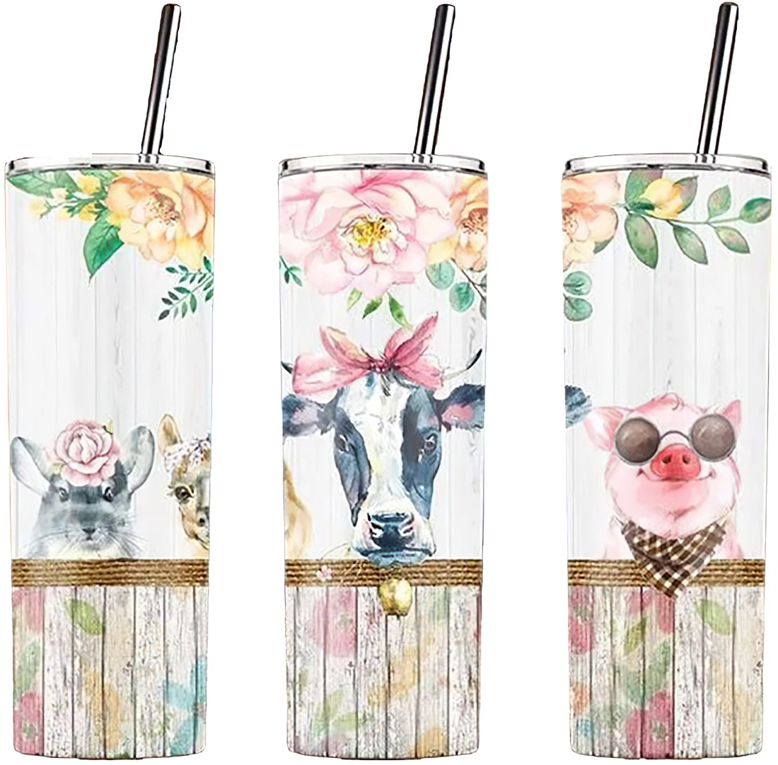 Personalized Name Floral Farm Animals  Tumbler 17oz With Lid And Straw