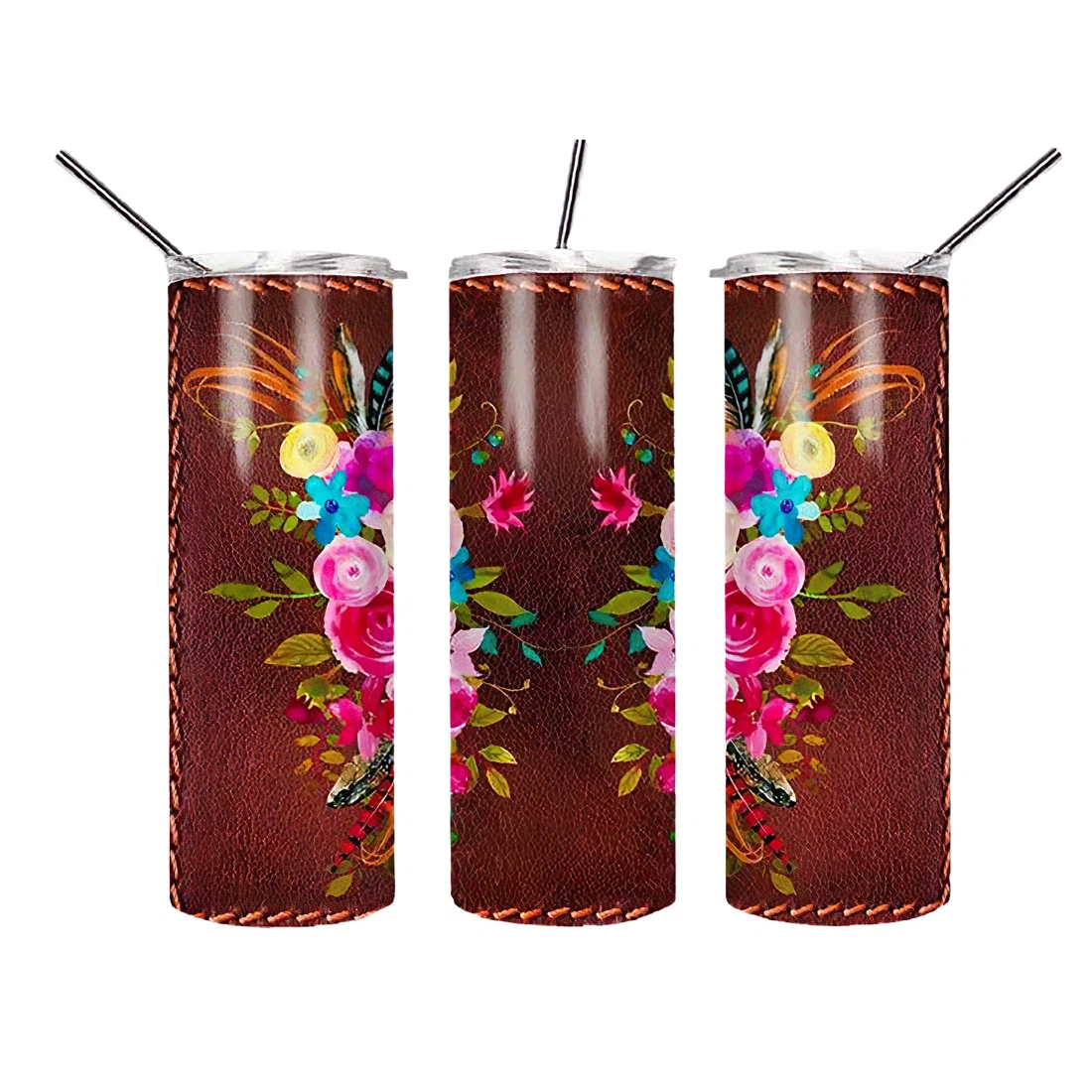 Personalized Name Floral Leather Brown Background  Tumbler 17oz With Lid And Straw