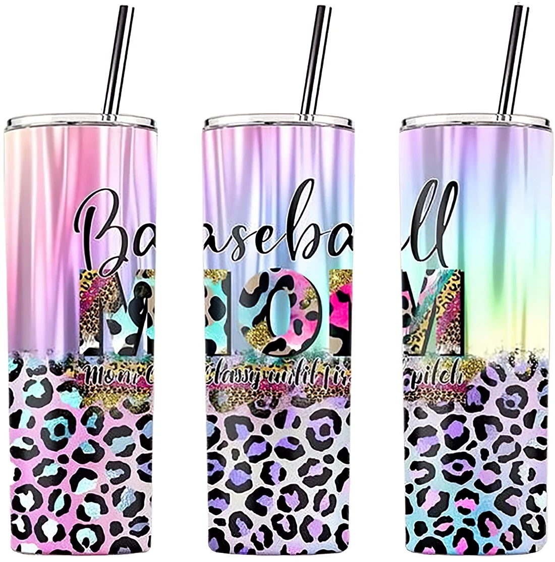 Personalized Name Baseball Mom Cheetah Tumbler 17oz With Lid And Straw