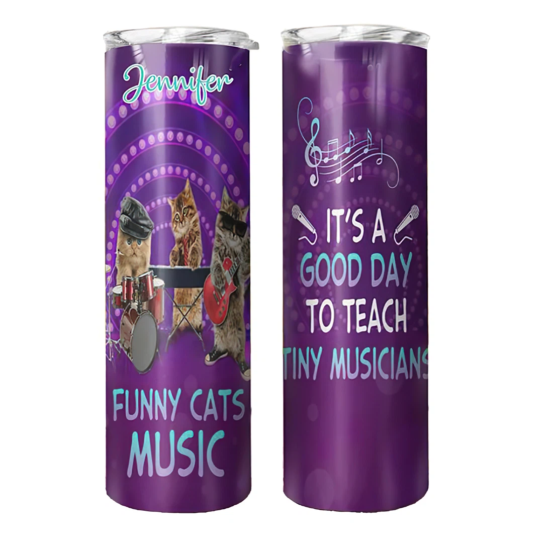 Personalized Name Funny Music Cats Good Day  Tumbler 17oz With Lid And Straw