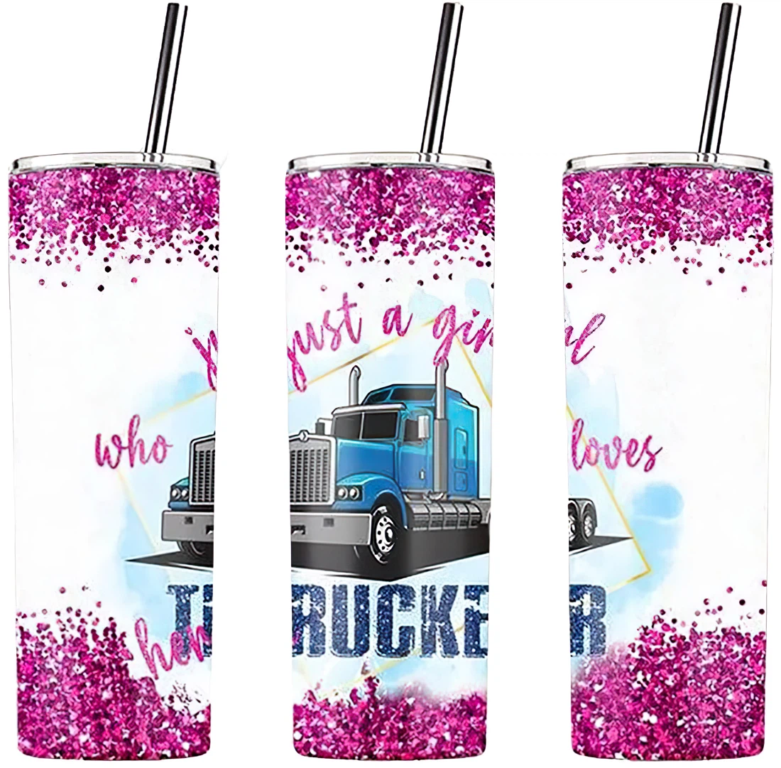 Personalized Name Just A Girl Who Loves Her Trucker  Tumbler 17oz With Lid And Straw