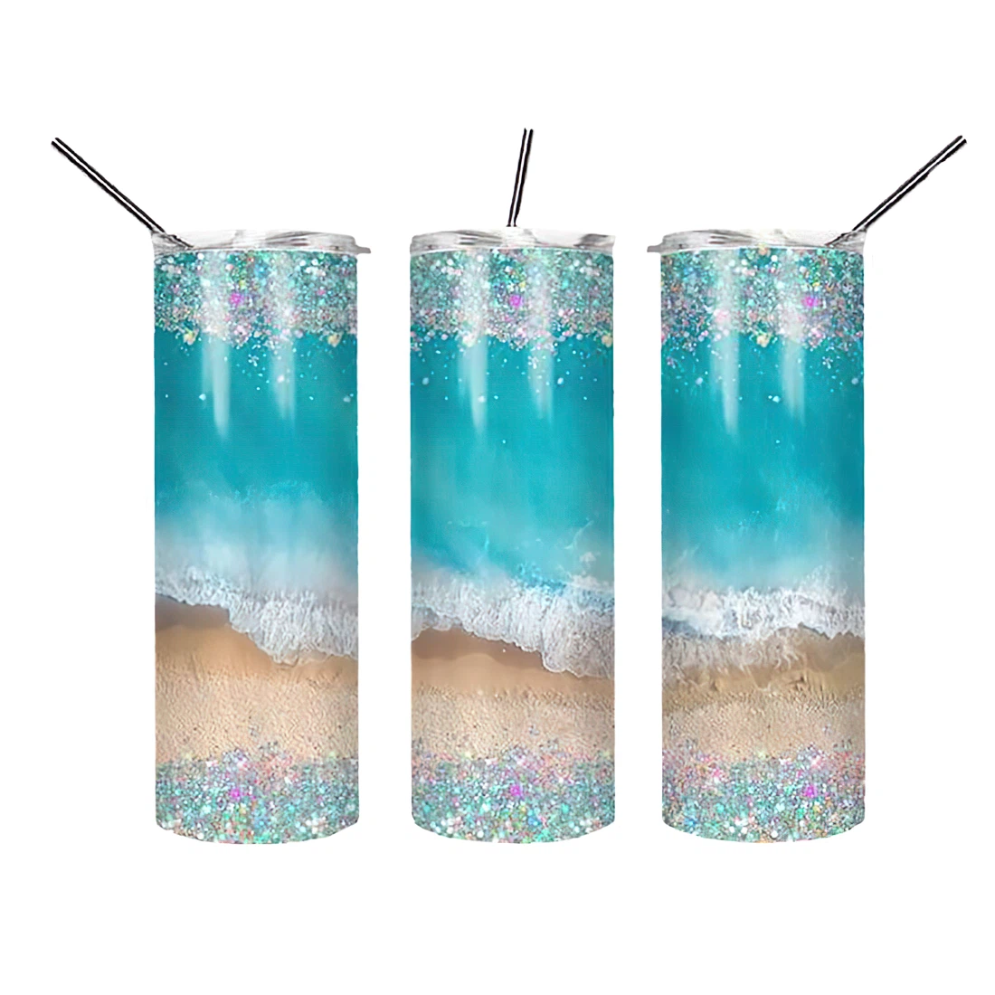 Personalized Name Beach Beautiful Glitter  Tumbler 17oz With Lid And Straw