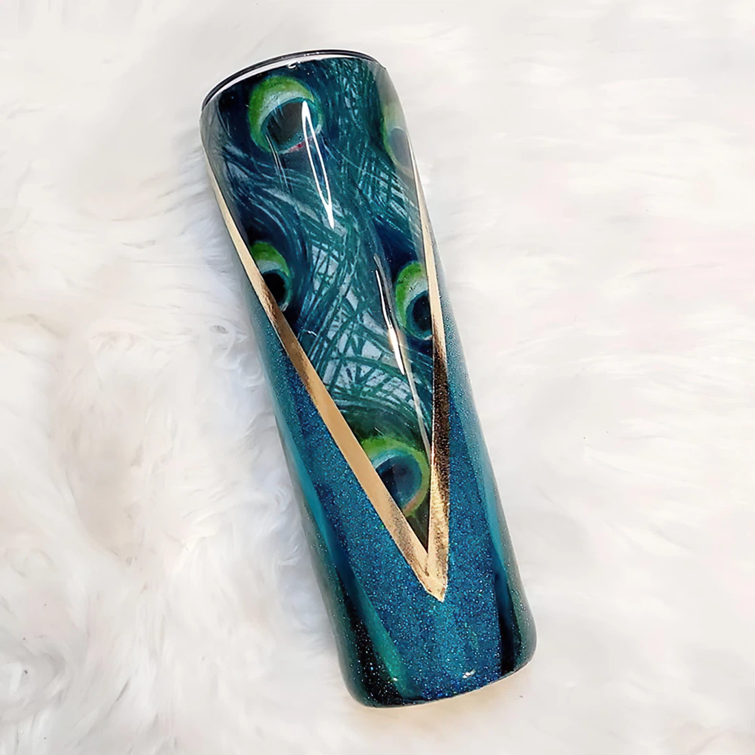 Peacock Feathers Blue And Gold Glitter  Tumbler 17oz With Lid And Straw