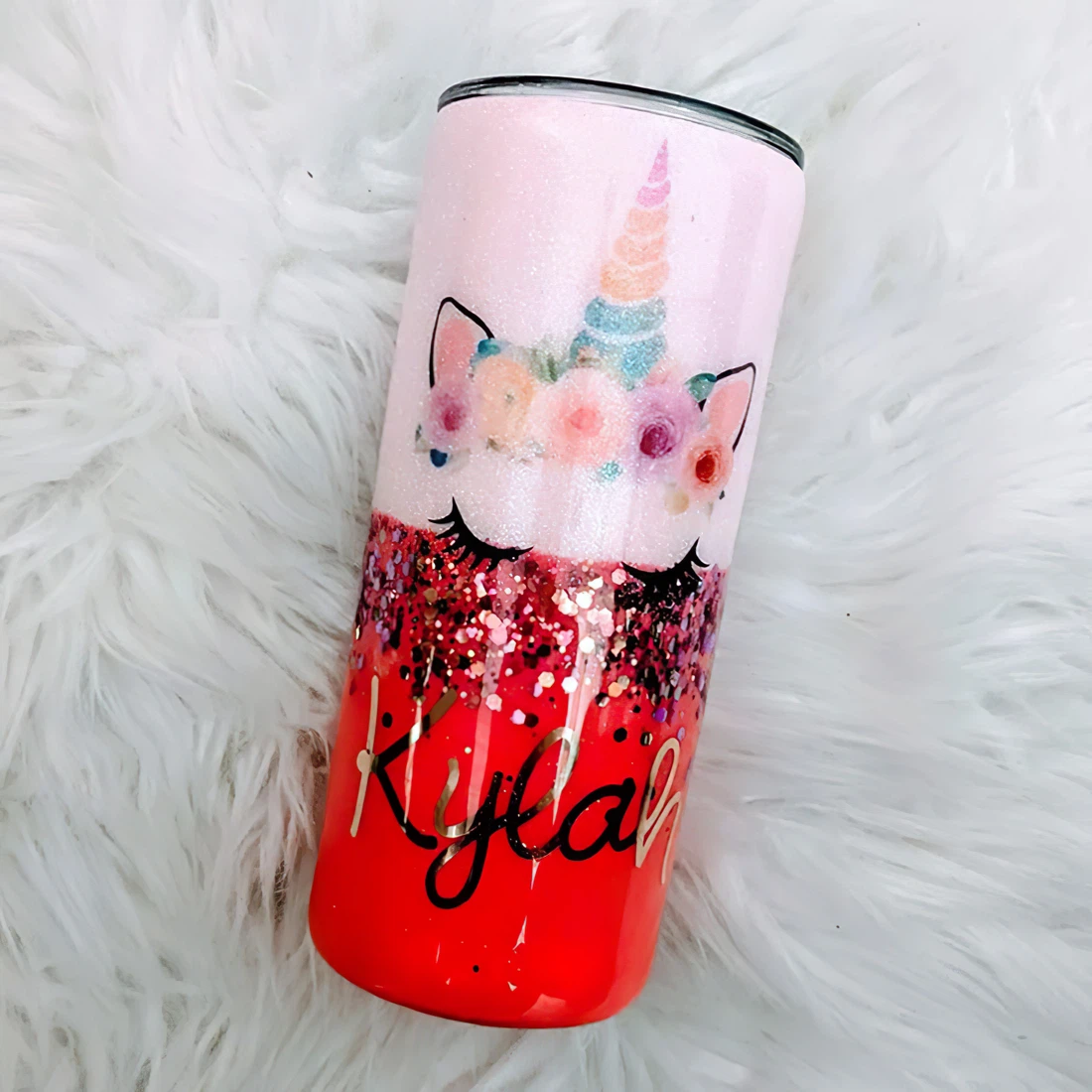 Personalized Name Unicorn Custom Red And Pink Glitter  Tumbler 17oz With Lid And Straw