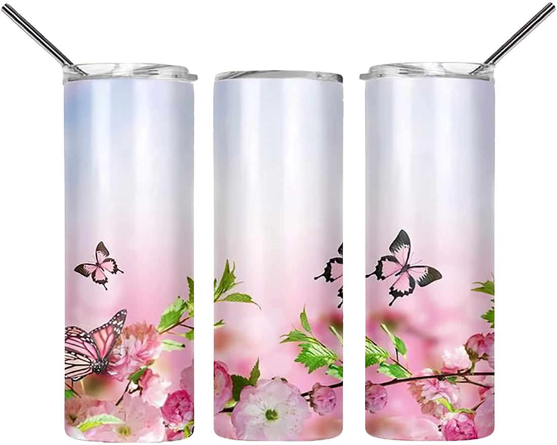 Personalized Name Flower Butterfly Glitter Beautiful  Tumbler 17oz With Lid And Straw