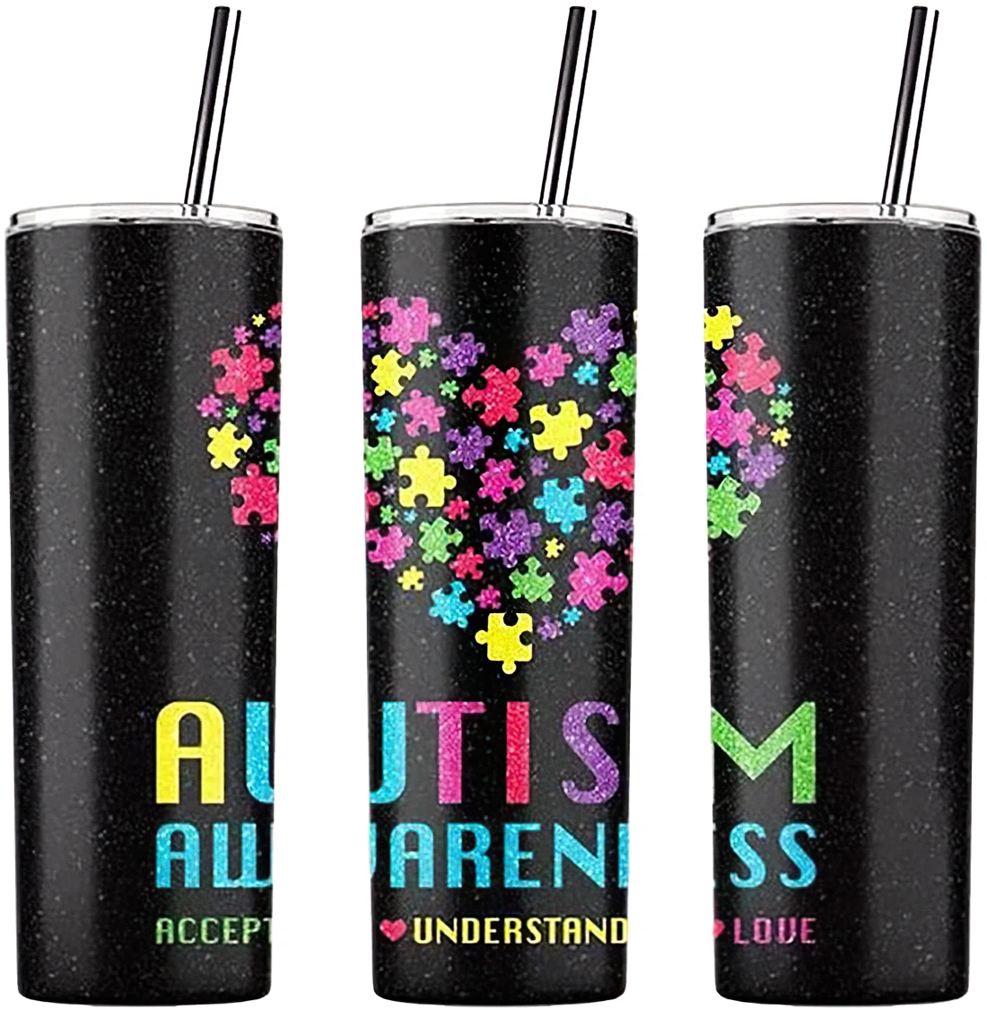 Personalized Name Glitter Autism Awareness  Tumbler 17oz With Lid And Straw