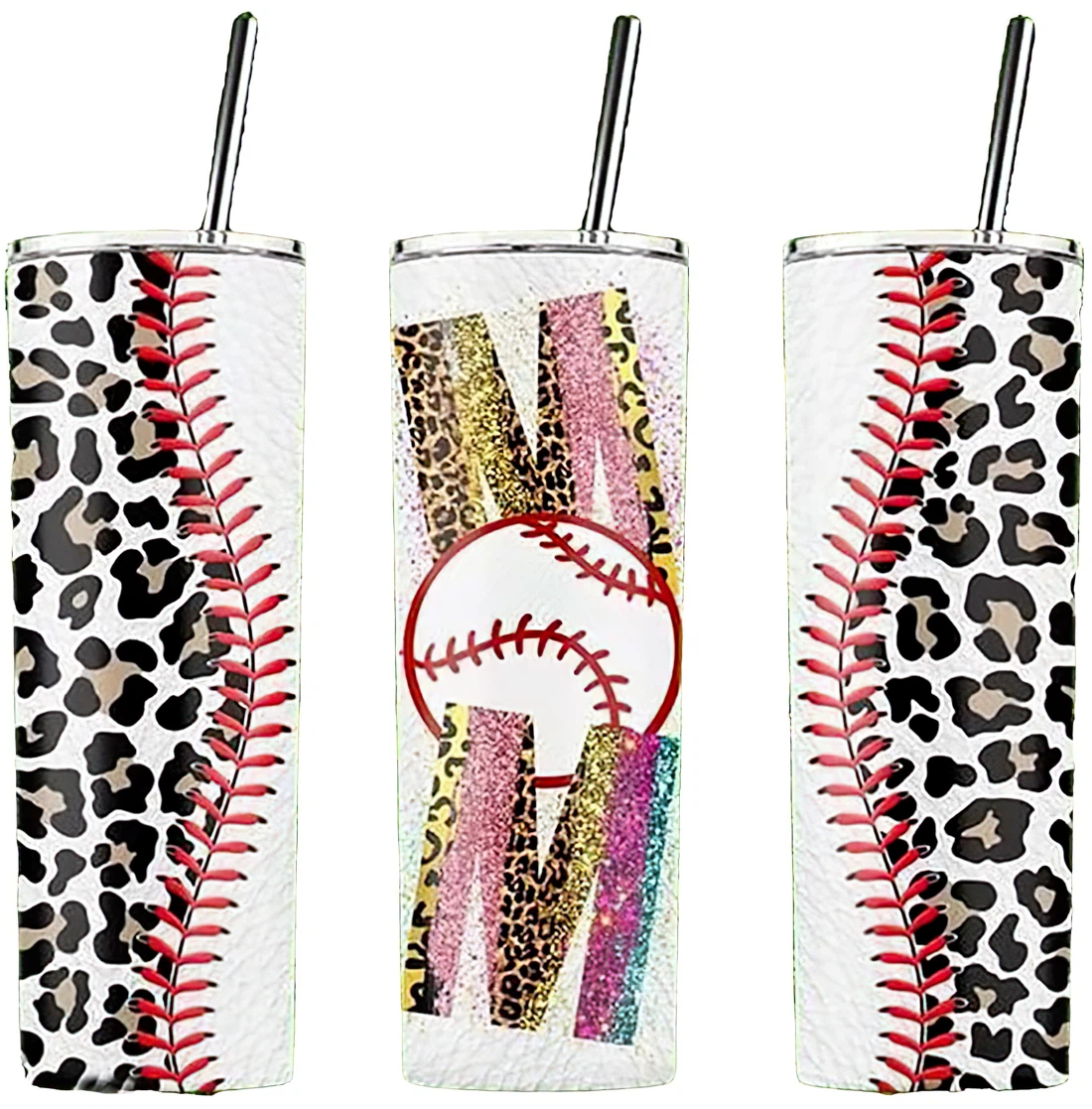 Personalized Name Glitter Baseball Mom Leopard  Tumbler 17oz With Lid And Straw