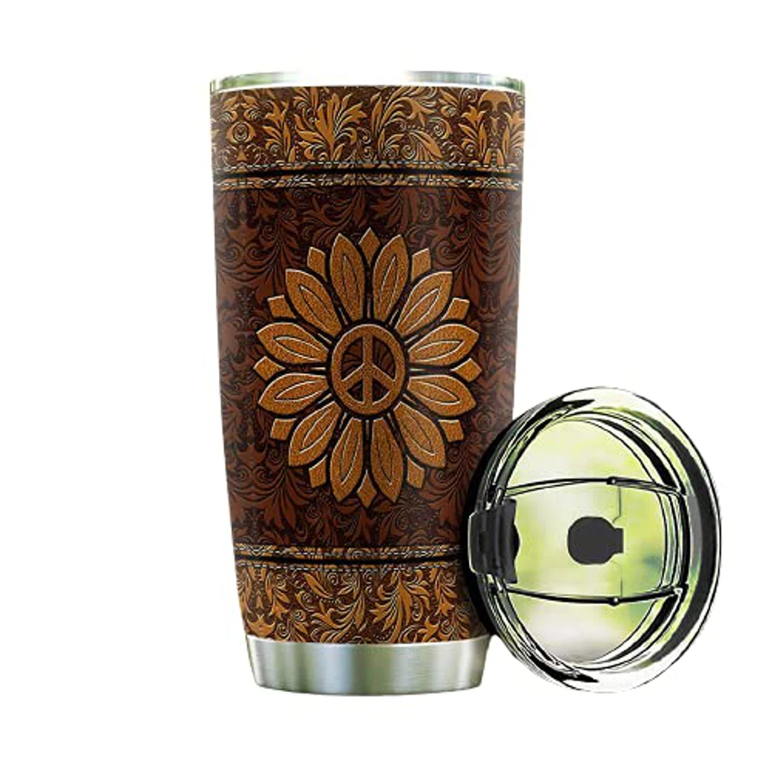 Personalized Sunflower Peace Leather Style Tumbler Cup with Lid, 20Oz  Travel Coffee Mug