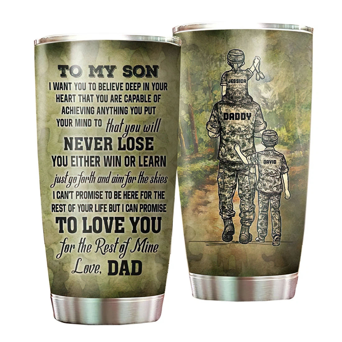 Personalized Name Veteran Dad and Child Tumbler 20 Oz 30 Oz Vacuum Insulated Travel Mug with Lid and Straw, for Ice Drink, Hot Beverage