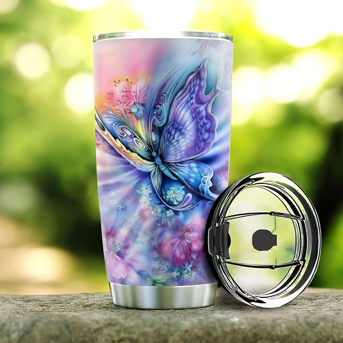 Personalized Rainbow Butterfly Tumblers 20oz, 30oz With Lid,  Travel Coffee Mug