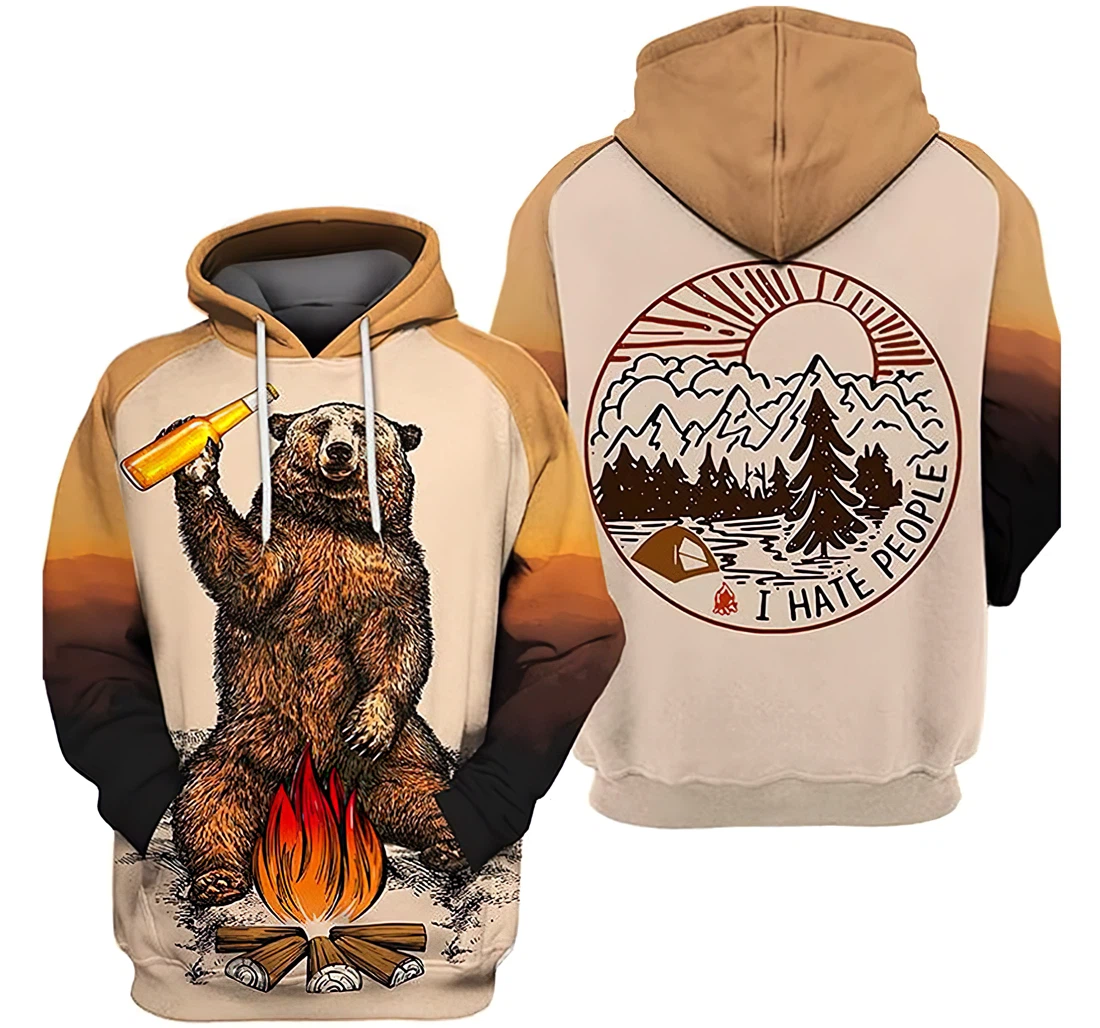 I Hate People Bear Beer Campfire Camping Hunting Wolf Lion - 3D Printed Hoodie, Sweatshirt