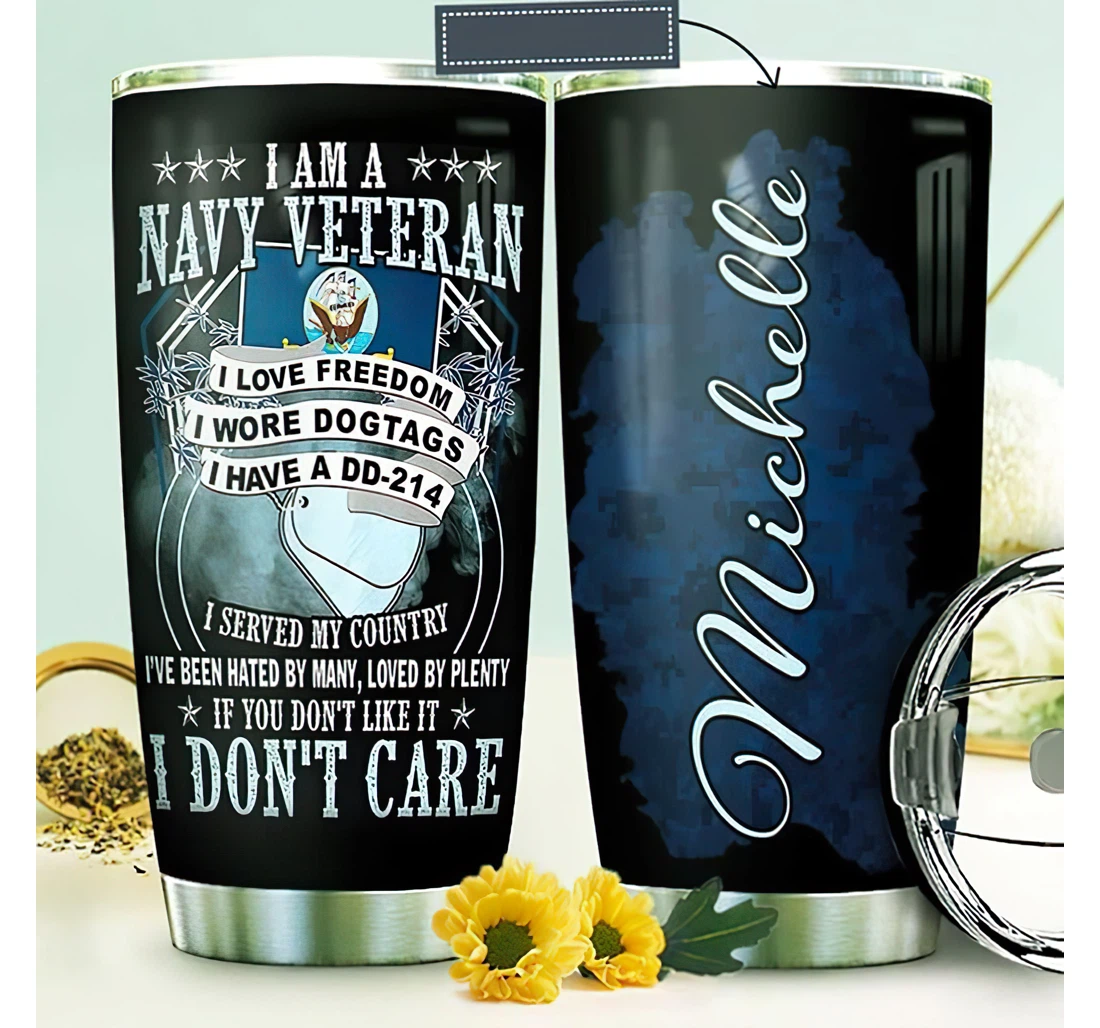 Personalized Name Navy Veteran Symbol I Love Freedom I Have A Dd 214 Or Home Outdoor Office School Tumbler 20 - 30oz With Lid,