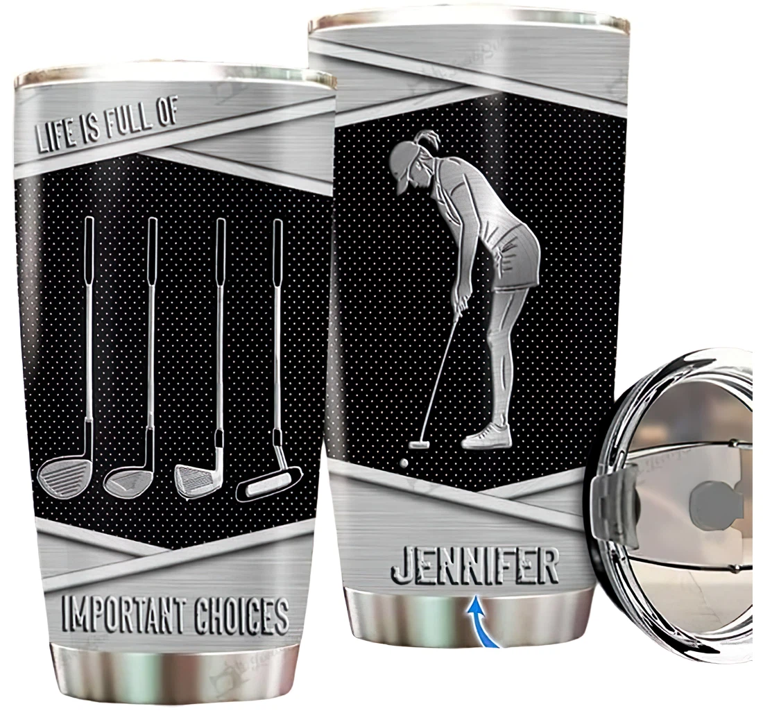 Personalized Name Female Golfer Silver Style V Or Home Outdoor Office School Tumbler 20 - 30oz With Lid, Travel Coffee Mug