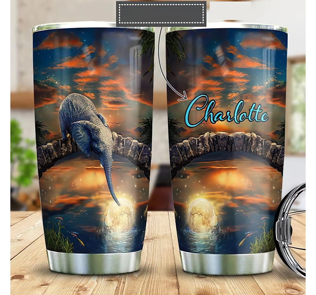 Personalized Name Elephant Sunset Art Or Home Outdoor Office School Tumbler 20 - 30oz With Lid, Travel Coffee Mug