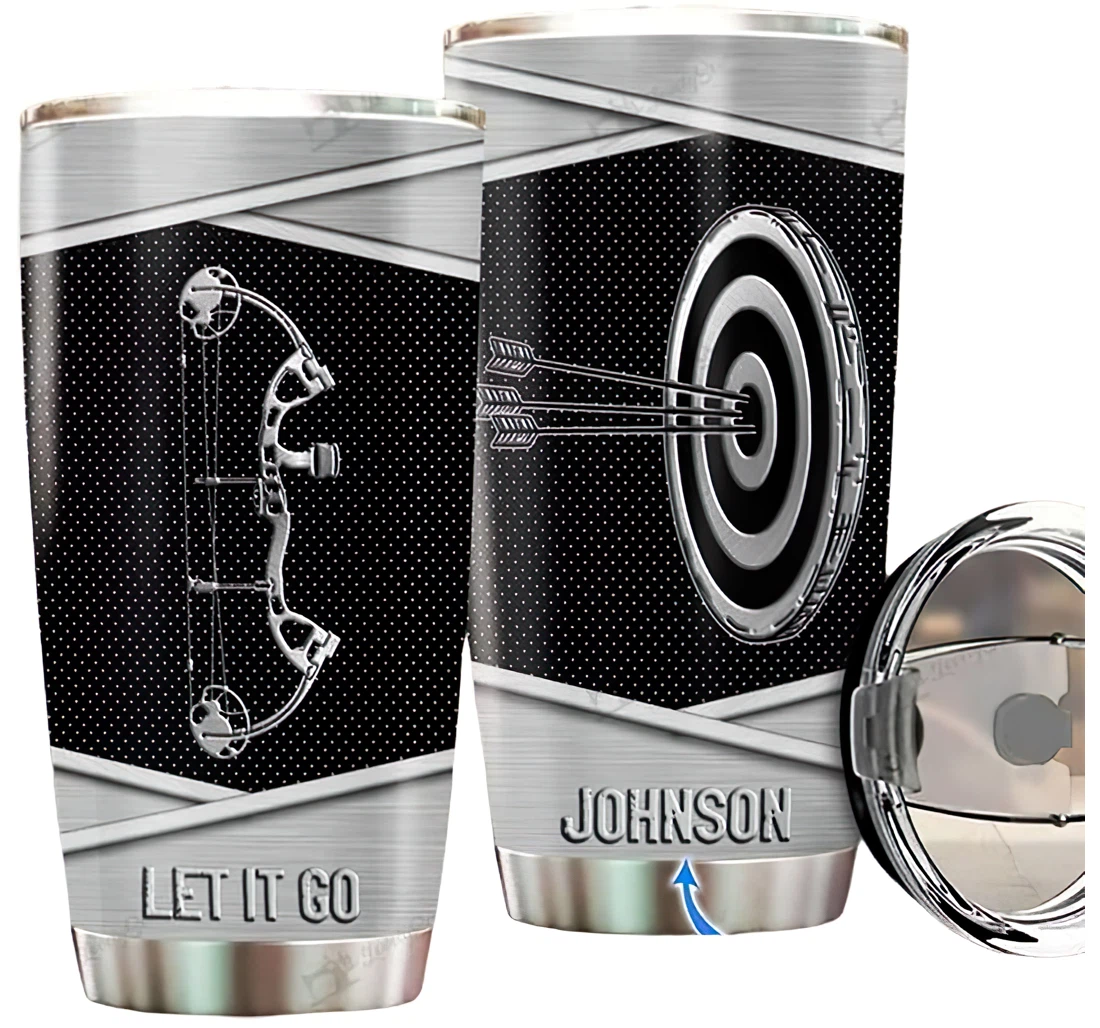 Personalized Name Let It Go Archery Silver Style Or Home Outdoor Office School Tumbler 20 - 30oz With Lid, Travel Coffee Mug