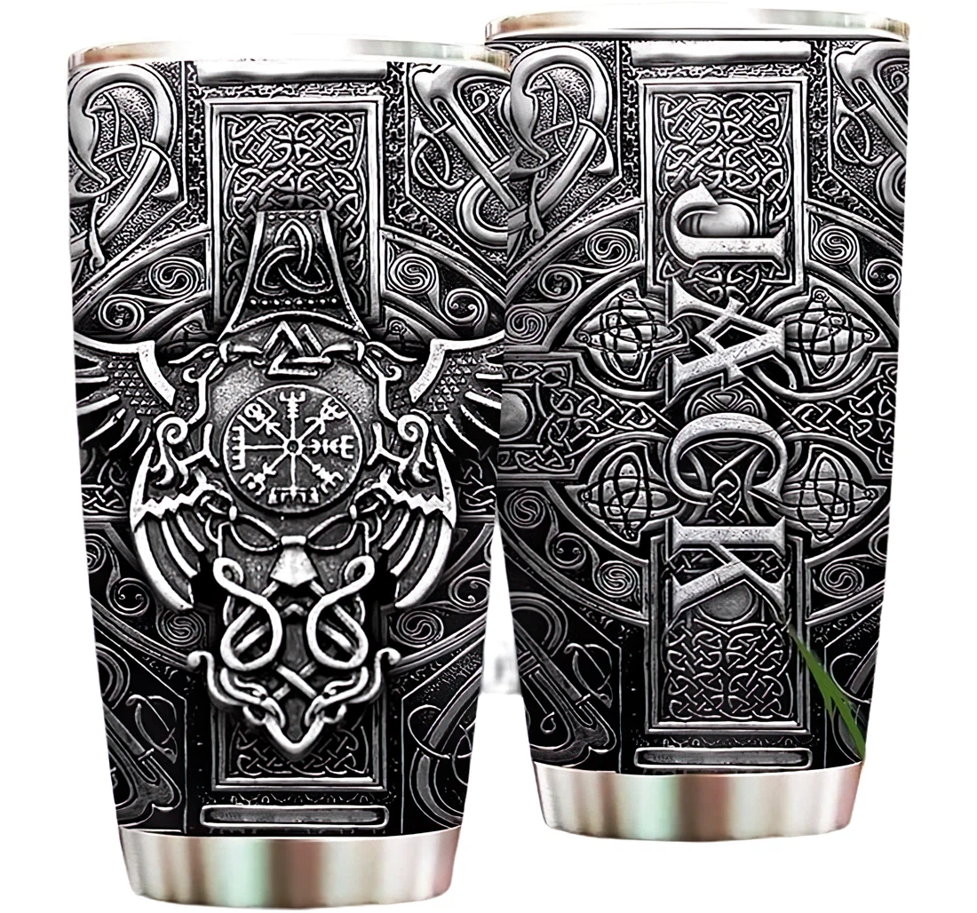 Personalized Name Viking Stone Pattern Or Home Outdoor Office School Tumbler 20 - 30oz With Lid, Travel Coffee Mug