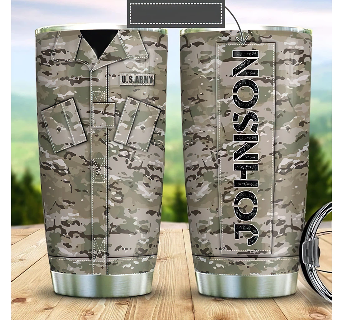 Personalized Name Us Army Veteran Uniform Camo Or Home Outdoor Office School Tumbler 20 - 30oz With Lid, Travel Coffee Mug