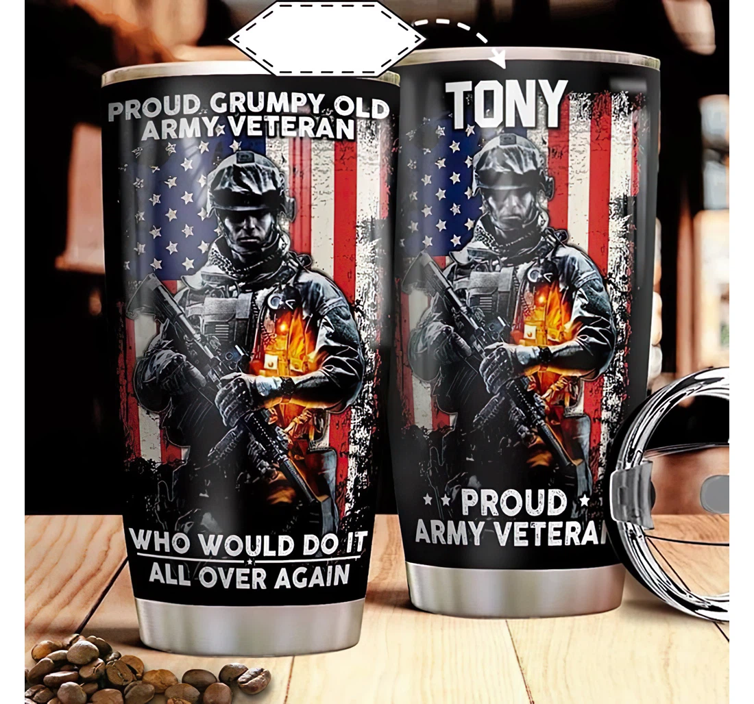 Personalized Name Us Veteran Proud Grumpy Old Army Veteran America Flag Or Home Outdoor Office School Tumbler 20 - 30oz With